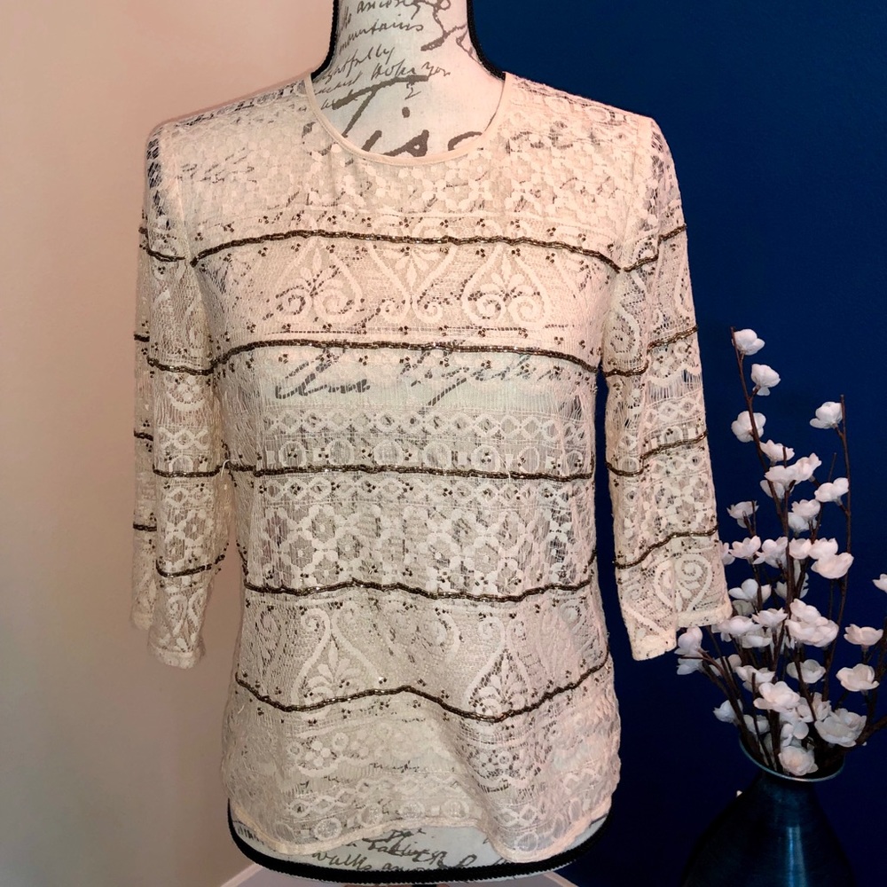 3/4 sleeve lace beaded top